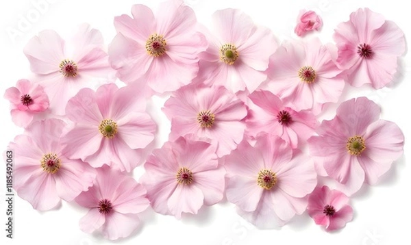 Fototapeta Pink flower petals and blossoms scattered on white.