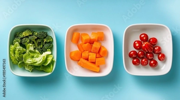 Fototapeta  Photo of three bowls with vegetables on a blue background, top view