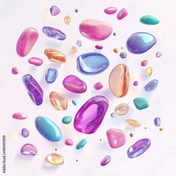Fototapeta Colorful Quartz Stones Floating on a Soft White Background with Glossy Surfaces and Play of Light