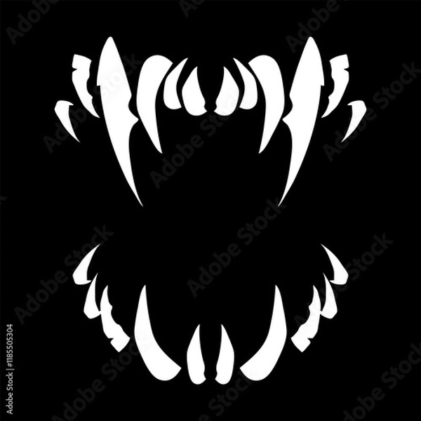 Obraz Terrible jaws of a beast with white sharp teeth. Vampire teeth for Halloween. Vector isolated on black background.