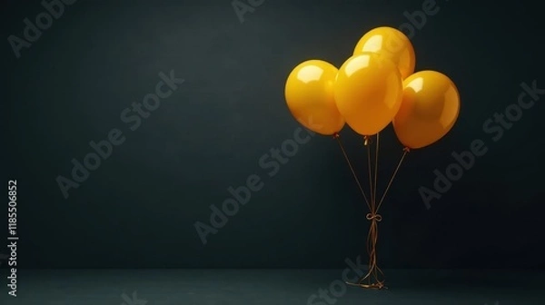 Fototapeta A cluster of golden balloons tied together rests on a dark surface against a moody backdrop.