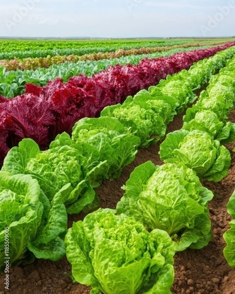 Fototapeta Lush rows of vibrant lettuce in a farm field under clear skies.