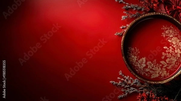 Fototapeta Elegant Red Gold Floral Tray Festive Holiday Decor Background