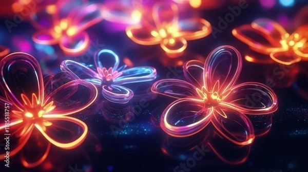 Fototapeta These luminous flowers, in shades of purple, pink, and blue, gently flicker like stars in the night sky, casting delicate beams of light across the darkened background.