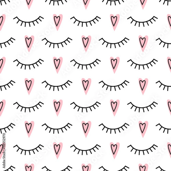 Fototapeta Abstract pattern with closed eyes and pink hearts. Cute eyelashes background illustration. Fashion design for textile, wallpaper, fabric etc.