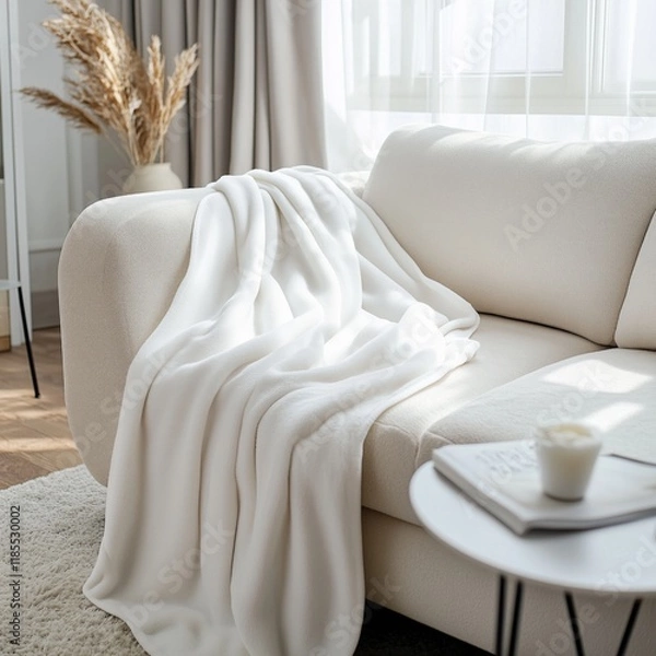 Fototapeta Cozy living room with white couch and blanket in natural light