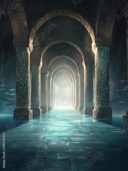 Fototapeta A mystical underwater corridor with stone arches and glowing walls, leading to a bright light in the distance, surrounded by still water.
