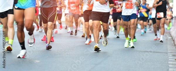 Obraz Marathon Running In The Light Of Morning, People Running On City Road Detail On Legs, Step, Walk And Outdoor Exercise Activities Concept.