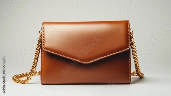 Fototapeta A minimalist leather handbag with a gold chain strap, centered on a white background, AI Generative.