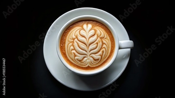 Fototapeta Close-up of intricate coffee foam art in a white cup against a black background. Ample copy space.