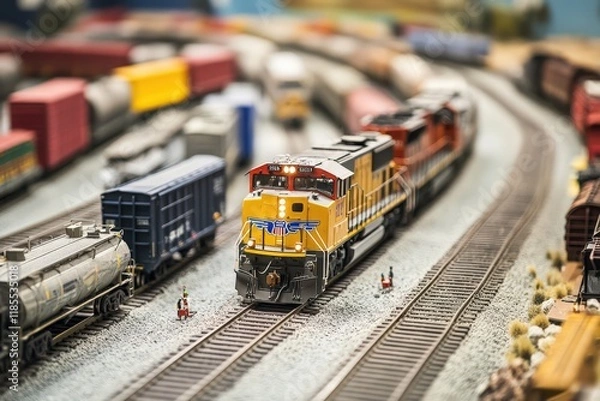 Fototapeta Model Train Engine Leads Cargo Through Miniature Landscape