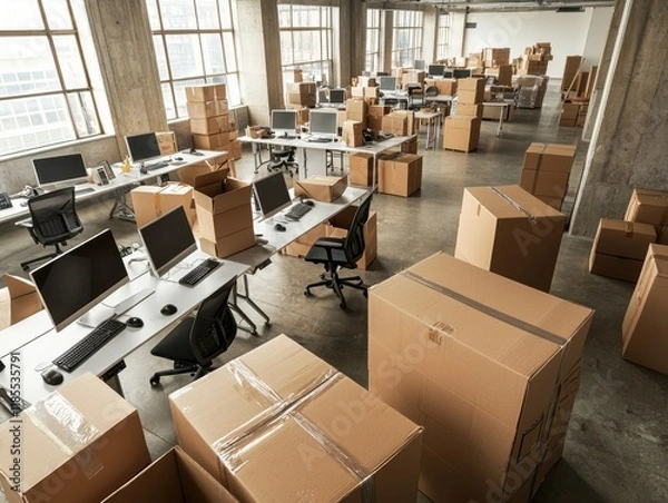 Fototapeta An office space filled with cardboard boxes and computer desks, indicating a move or renovation in progress.