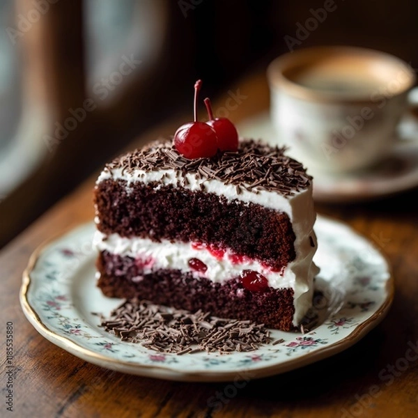 Fototapeta  a slice of Schwarzwälder Kirschtorte (Black Forest cake), with layers of chocolate sponge, whipped cream, and cherries, topped with chocolate shavings, placed on a vintage porcelain plate with a cup 