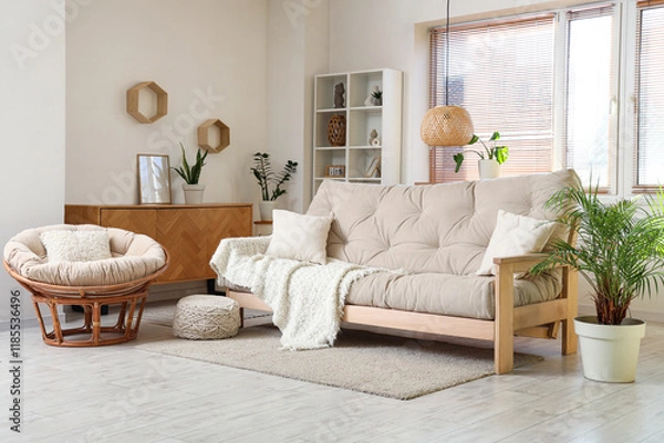 Fototapeta Interior of living room with sofa, knitted blanket and armchair