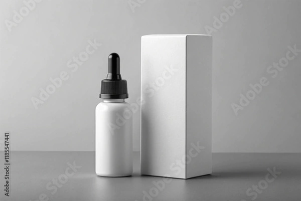 Fototapeta Blank amber glass Dropper Bottle and Box Mockup isolated on light grey background. Dropper Bottle with white label