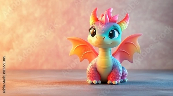 Fototapeta Friendly Baby Dragon Toy with Soft Rounded Features and Flames