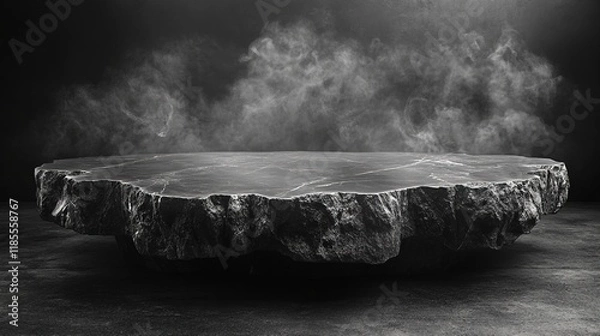 Obraz A dramatic, foggy scene featuring a large, textured stone platform, suggesting a mystical or artistic setting.