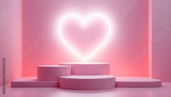 Obraz Set of 3D podium valentine day background with pink, red, white cylinder pedestal. Glow neon heart shape backdrop. Valentine podium stand with heart. 3d  radiant heart shaped neon light