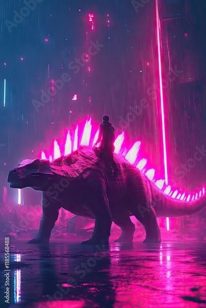 Fototapeta A futuristic scene featuring a rider on a dinosaur with neon lights in a rainy environment.