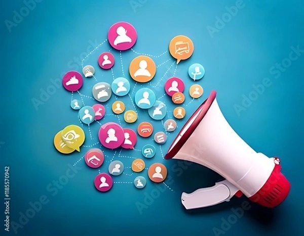 Fototapeta A megaphone spreading social media icons, representing communication and information dissemination