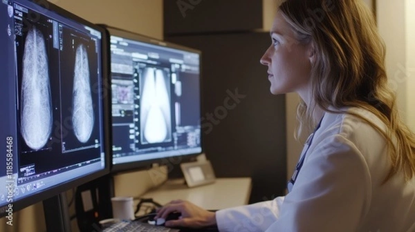 Fototapeta A radiologist examining a digital mammogram image on a high-resolution monitor in a modern imaging center