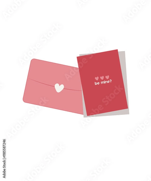 Fototapeta Simple Valentines Day card set with envelope. Flat vector hearts hand drawn doodle. Simple, minimalistic, holiday card.