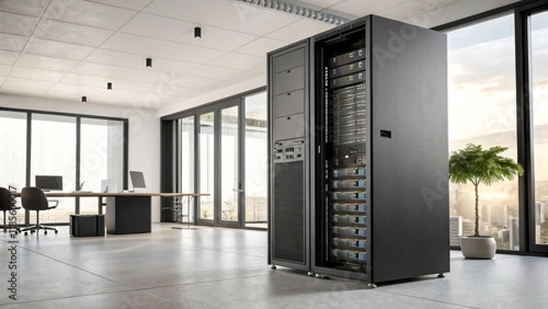 Fototapeta Modern server rack in sleek office environment with large windows