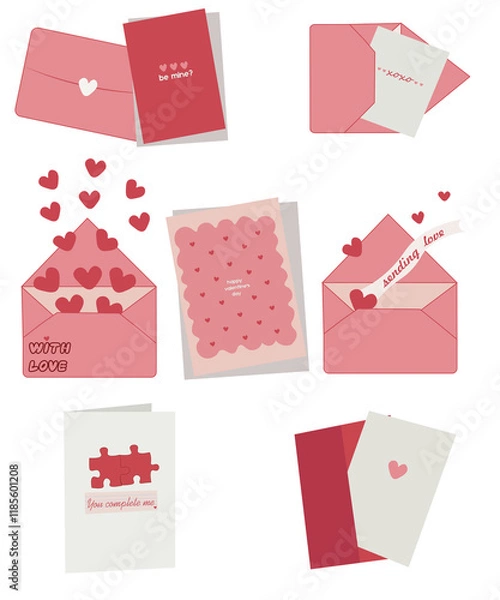 Fototapeta Simple Valentines Day card set with envelope. Flat vector hearts hand drawn doodle. Simple, minimalistic, holiday card.