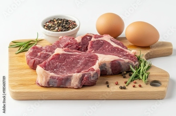 Fototapeta Fresh Cuts of Juicy Red Meat on a Wooden Cutting Board with Eggs and Peppercorns Ready for Cooking and Culinary Preparation in the Kitchen