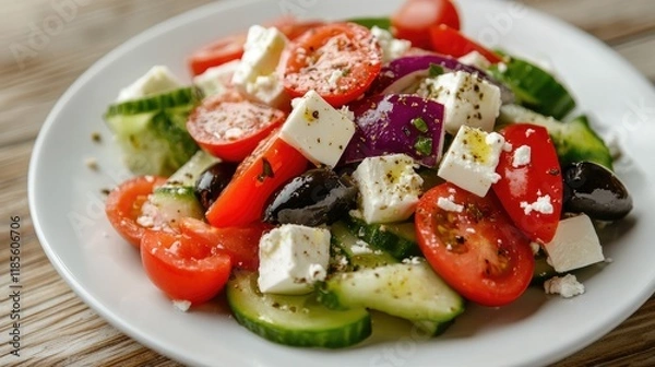 Fototapeta Vibrant Greek salad featuring cherry tomatoes, cucumbers, olives, and feta cheese on a white plate ideal for healthy food promotions
