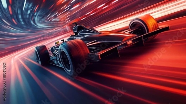 Fototapeta Low-angle shot of a sleek race car accelerating out of a corner, with dynamic lines and speed trails emphasizing its motion.