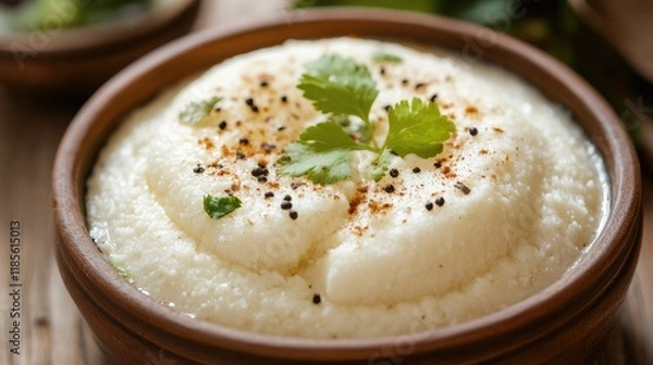 Fototapeta Traditional Indian Idli served in a clay bowl garnished with coriander and spices on a rustic wooden table background