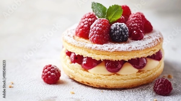 Fototapeta Delicious raspberry tart with creamy filling and fresh mint on top for an exquisite dessert experience