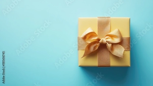 Fototapeta Yellow gift box with ribbon on blue backdrop empty space for text vibrant celebration concept ideal for festive promotions and announcements