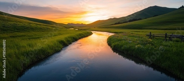 Obraz Serene River at Sunset Surrounded by Lush Green Hills and Fields