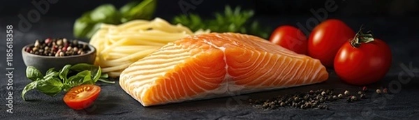 Fototapeta Fresh salmon, pasta, tomatoes, and ingredients on dark background