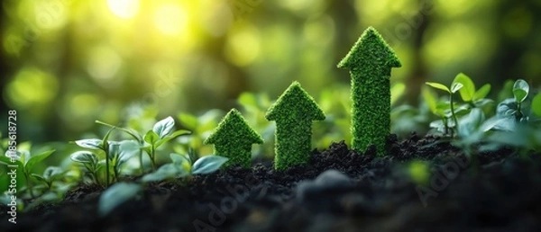 Fototapeta Green growth bars with an upward arrow, concept of environmental progress