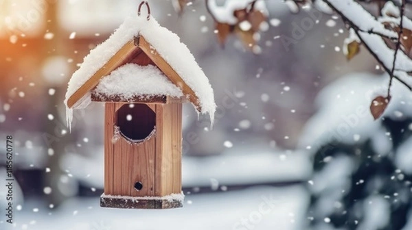Fototapeta Snow-covered wooden bird feeder hanging outdoors in winter with soft falling snow creating a serene seasonal atmosphere.