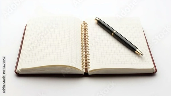 Fototapeta Open spiral-bound notebook with blank pages and a sleek pen resting on its side against a clean white background.