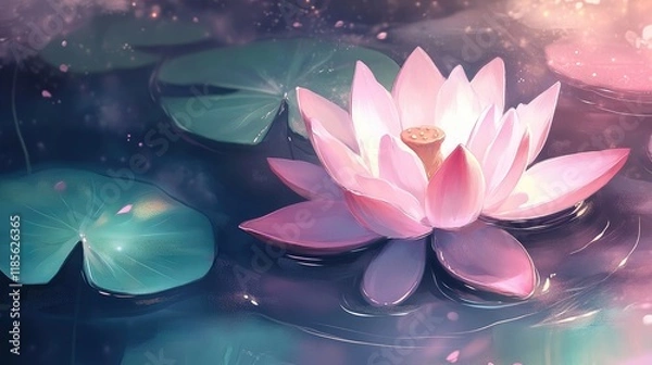 Fototapeta Serene Pink Lotus Flower Blooming on Tranquil Water Surface with Green Lily Pads Reflected in Soft Light