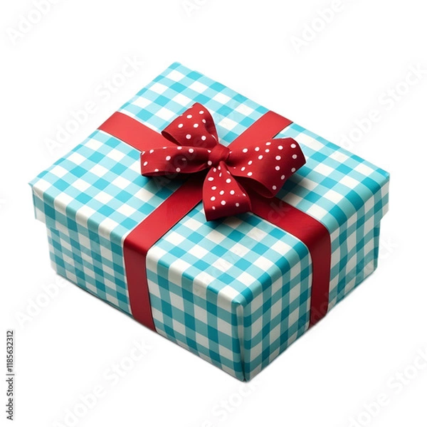 Fototapeta Festively Wrapped Gift Box with Polka Dot Bow on Checkered Background
