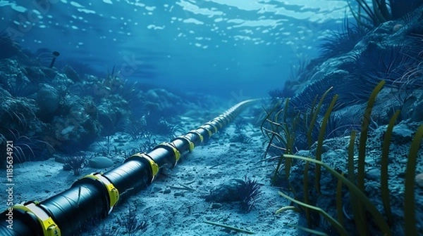 Obraz An underwater scene featuring a long cable or pipeline on the ocean floor.