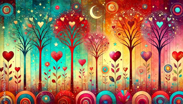 Fototapeta Romantic Forest of Heart Leaves in Twilight.
