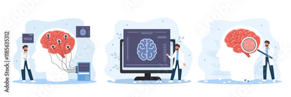 Fototapeta Neurologist concept. Man in medical uniform diagnoses and monitors treatment of brain diseases. Neurology check up. Set of Vector illustrations in flat cartoon style.