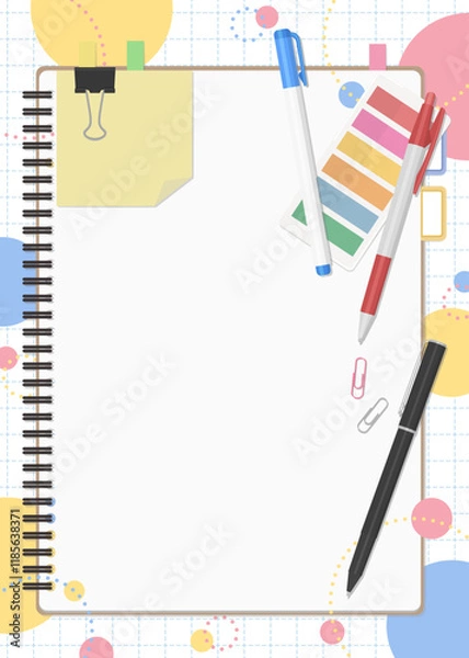 Fototapeta 文房具とノートのセット、ポップな背景
