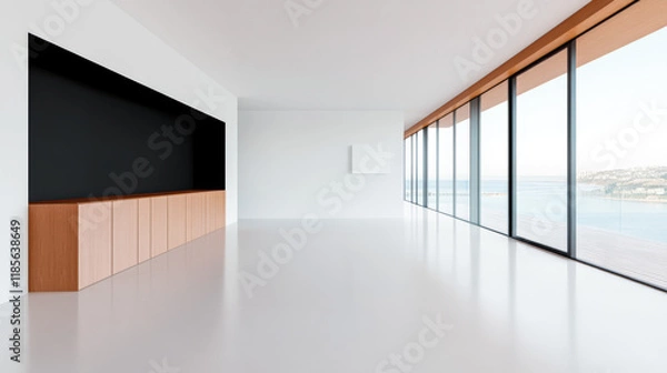 Fototapeta Modern minimalist interior design with panoramic ocean view during daylight