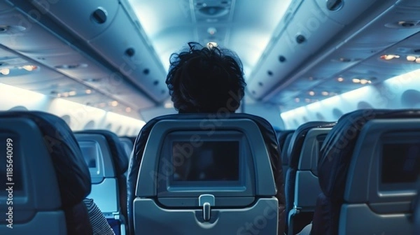 Fototapeta Interior view of an airplane cabin with a passenger in focus.