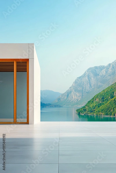 Fototapeta Modern architecture showcases serene landscape and tranquil waters in a stunning location