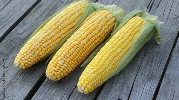 Fototapeta Ripe golden yellow corn cobs arranged on a rustic wooden table showcasing fresh maize kernels and natural textures