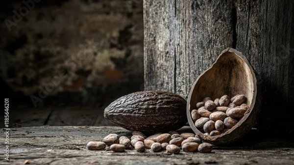 Fototapeta Cocoa beans and cocoa pod resting on rustic wooden surface showcasing natural textures and earthy tones in a warm atmospheric setting